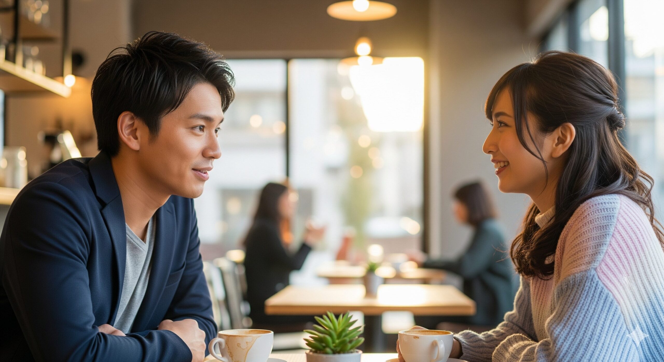 カフェで会話する日本人男女のスマートな応答