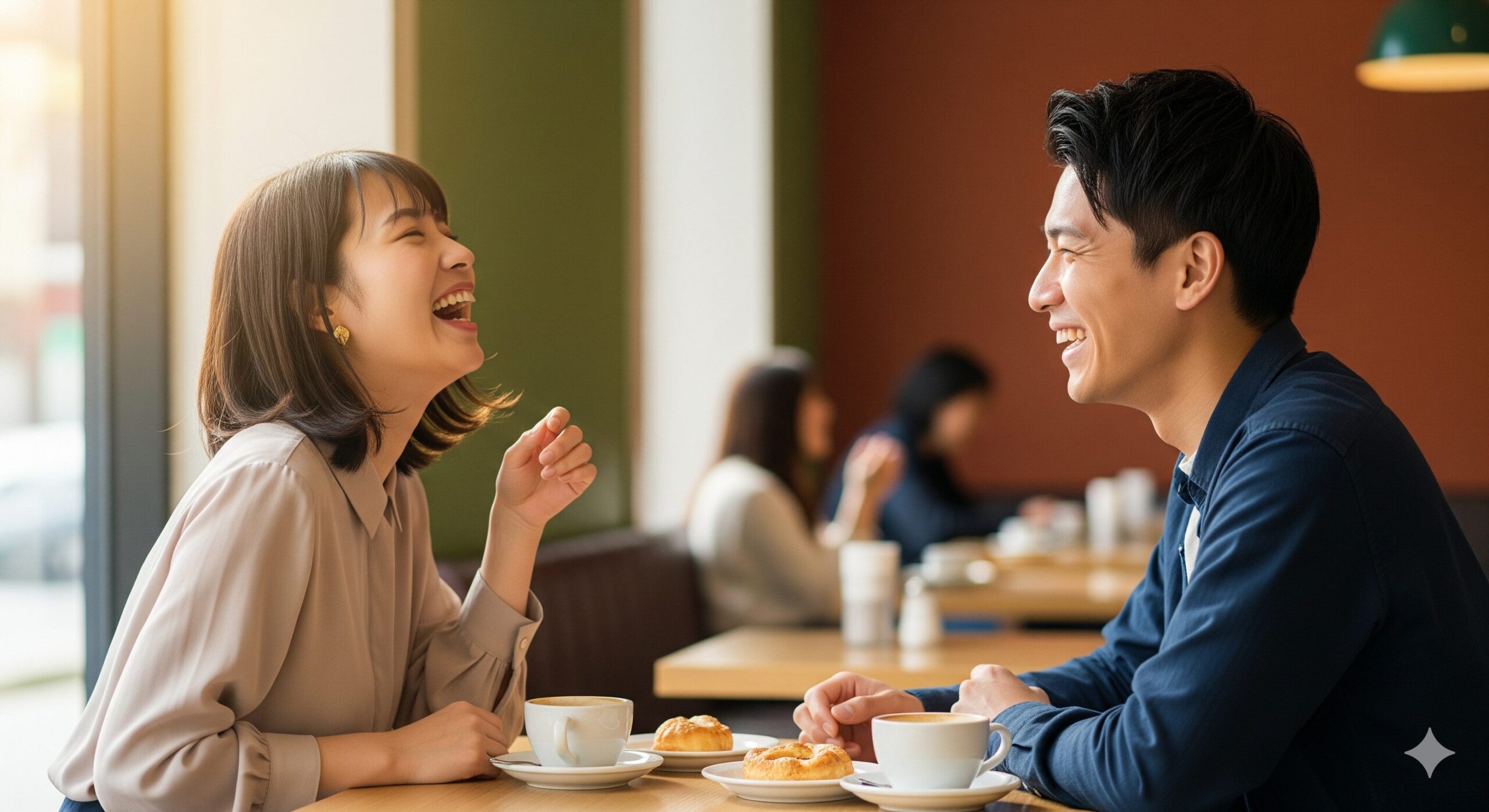 お土産の質問に面白い返しで笑う友人たち