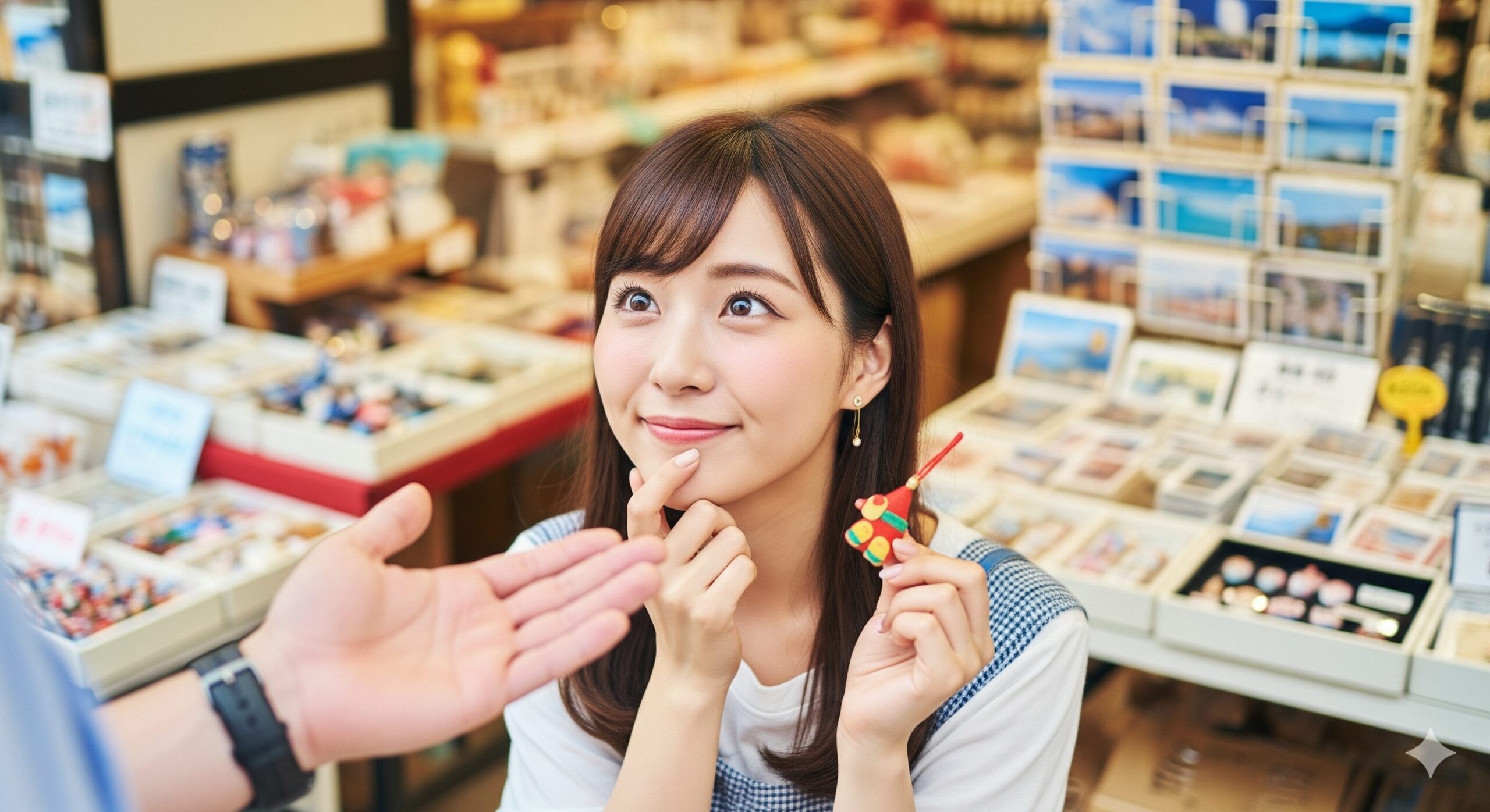 彼氏からのお土産の質問に可愛く返事する女性